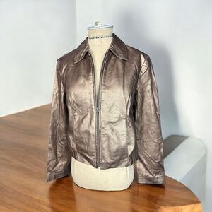 Bernardo Bronze Leather Jacket Zipper Pockets Short Lined Petite Medium